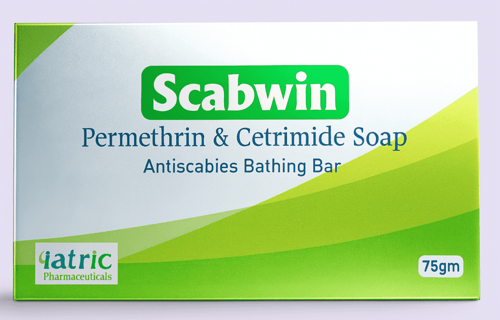 Scabwin soap bar with packaging containing Permethrin and Cetrimide, 75gm, by Iatric Pharmaceuticals.
