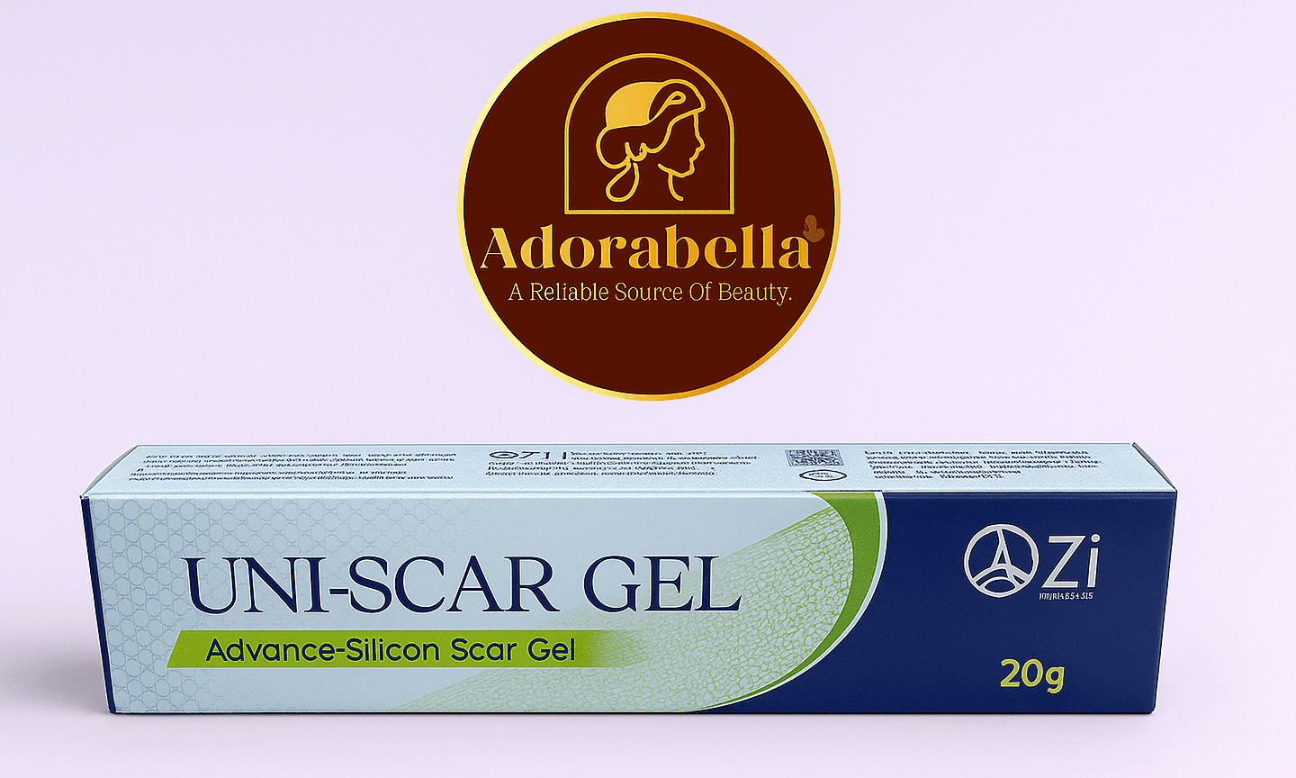 Uni-Scar Gel 20gm tube and box on white table with Adorabella logo and green natural background